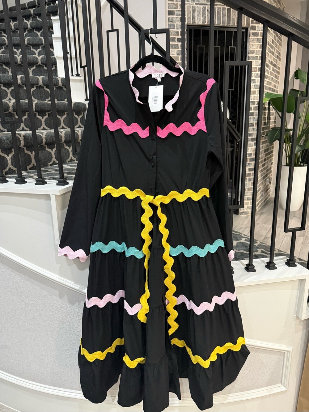 TCEC Black Dress with Pink Yellow and Teal Rickrack Trim